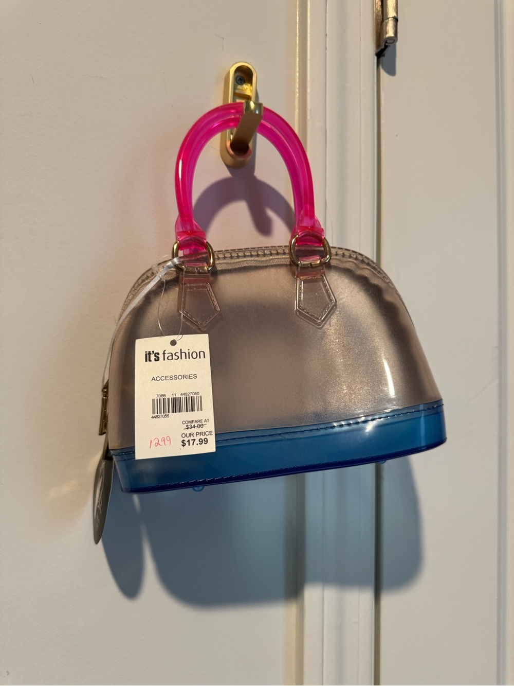 Clear Dome Handbag with Pink Handles and Blue Base